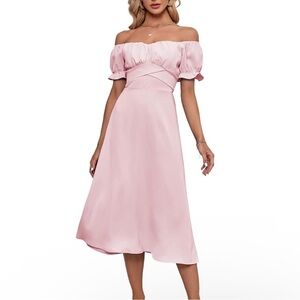 Women’s Milkmaid Light Pink Off-Shoulder Midi Dress Puff Sleeve Tie Back Small